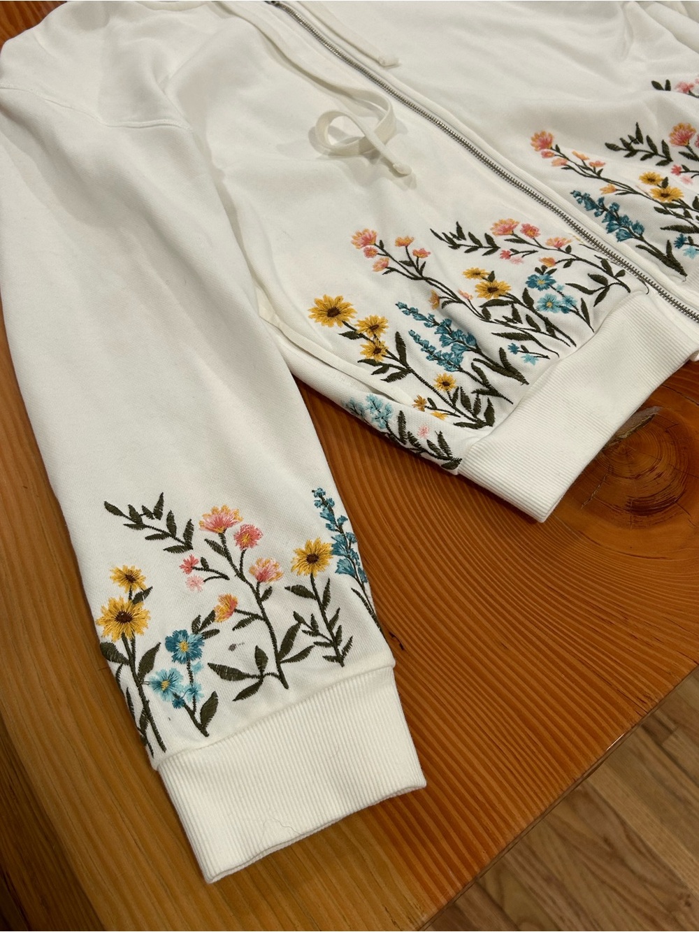 Driftwood White Zip Up Hoodie with Floral Embroidery - Sunny Garden - Picture 3 of 13
